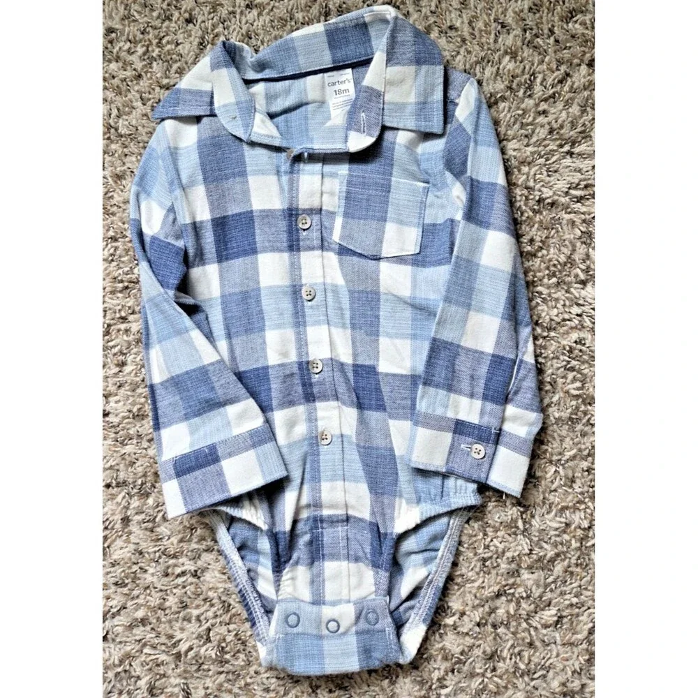 Carter’s Plaid Button Up Bodysuit Baby Boys Size 18 M Long Sleeve Blue white